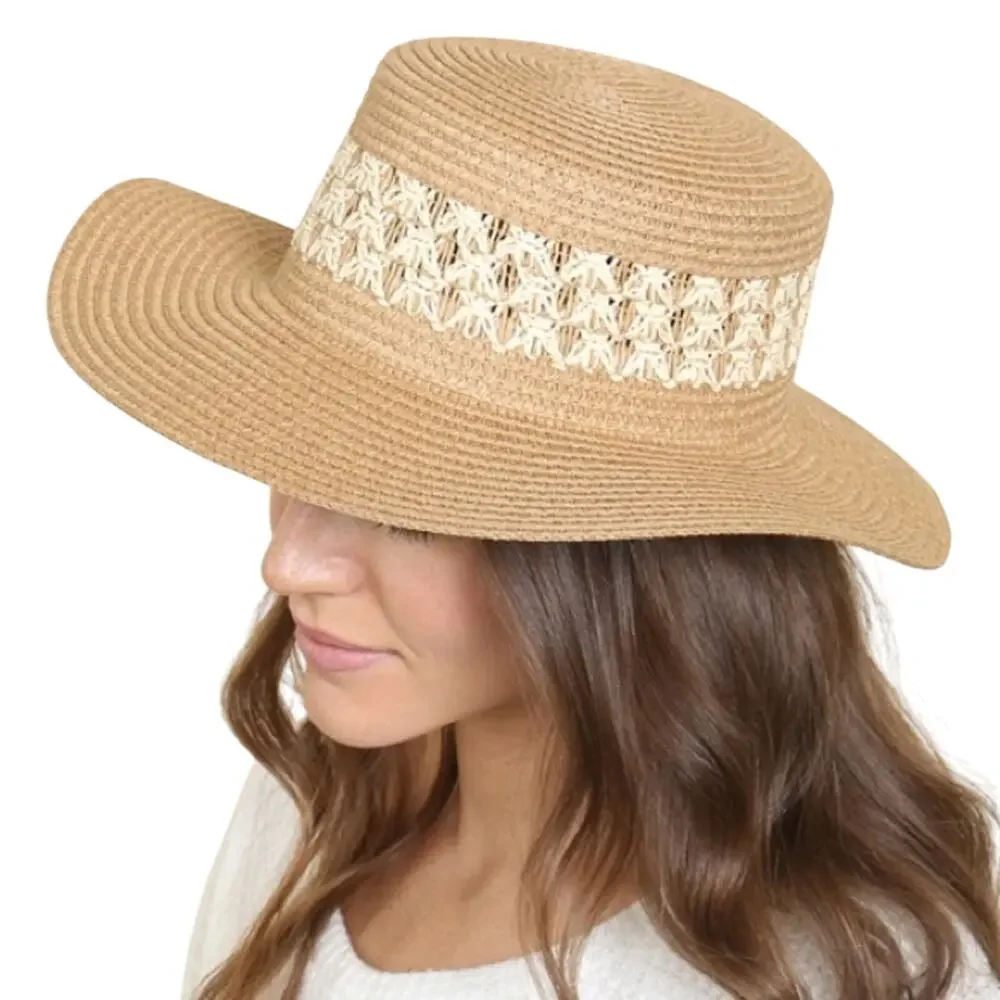 Riah Fashion Panama Weave Brim Brown Beach Vacation Festival Straw Hat